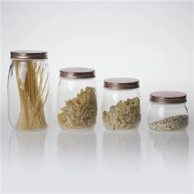 Okrúhla sklenená nádoba s kovovým viečkom