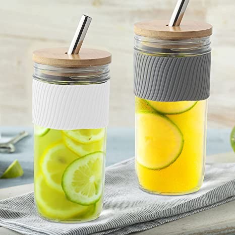 Glass Cups Set Mason Jar With Bamboo Lid Straw