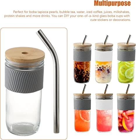 Glass Cups Set Mason Jar With Bamboo Lid Straw