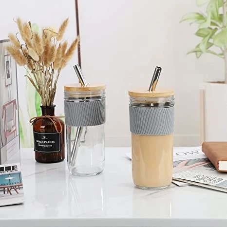 Glass Cups Set Mason Jar With Bamboo Lid Straw