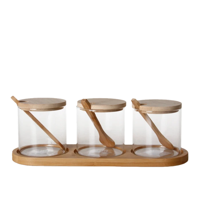 3pcs Storage Jar Set With Wooden Base&Spoon factory