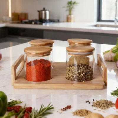 4-dielny okrúhly sklenený úložný priestor s dreveným podnosom